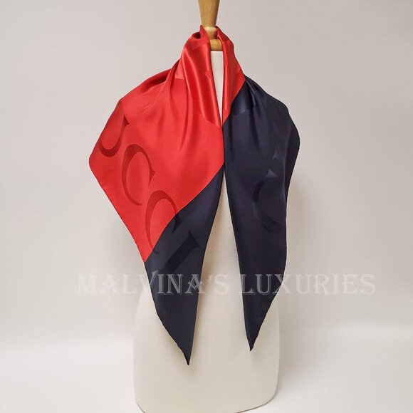 GUCCI SCARF BLUE RED WEB GG LOGO PRINT JACQUARD SILK TWILL FOULARD 35" - Picture 7 of 16